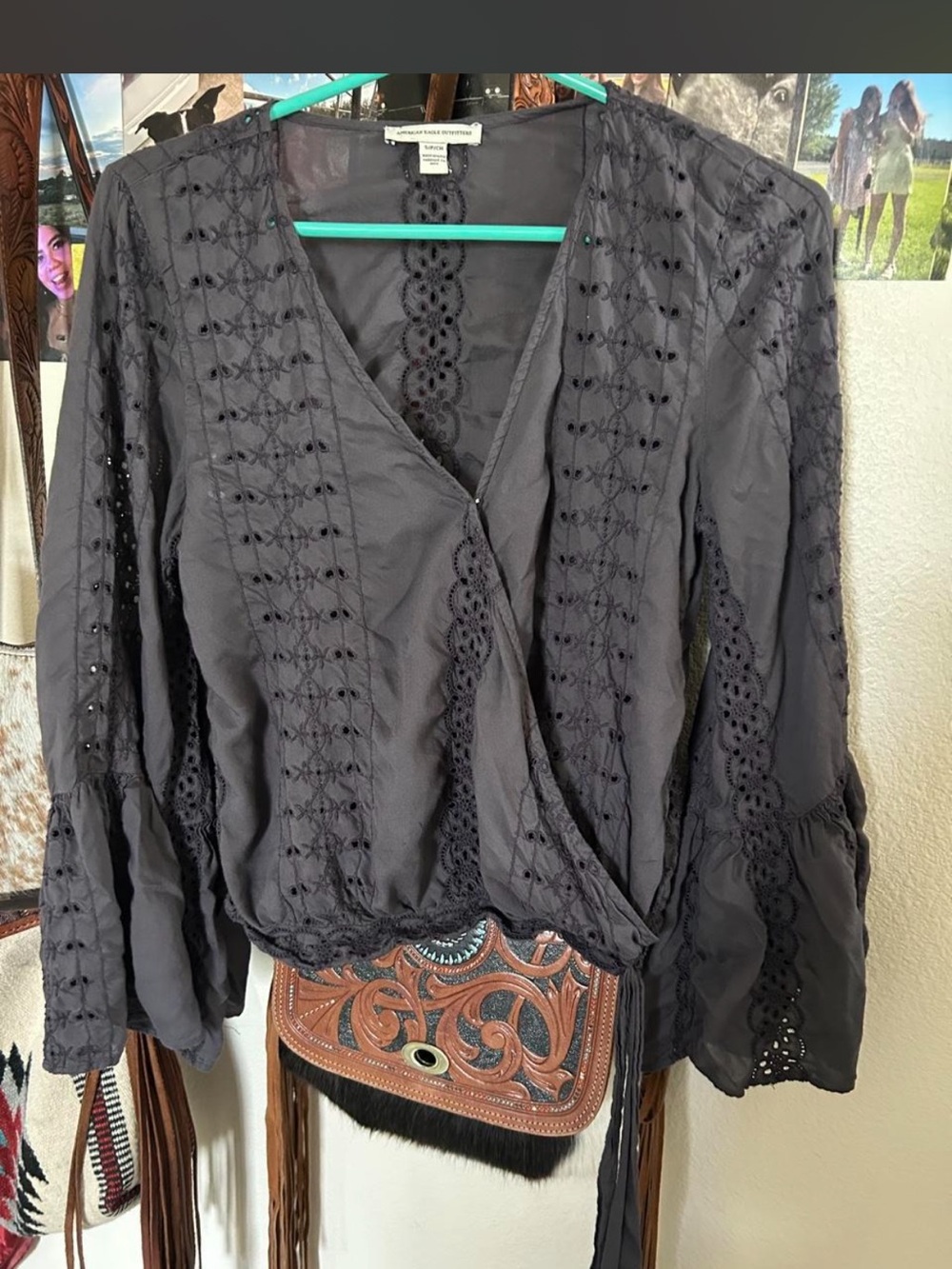 American Eagle Outfitters dark grey Eyelet Wrap Top with Tie